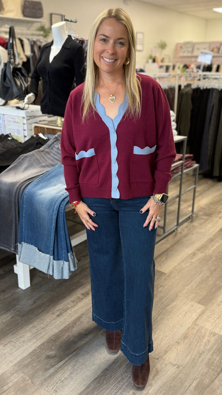 Burgundy Super Soft Scallop Detail Sweater Cardigan