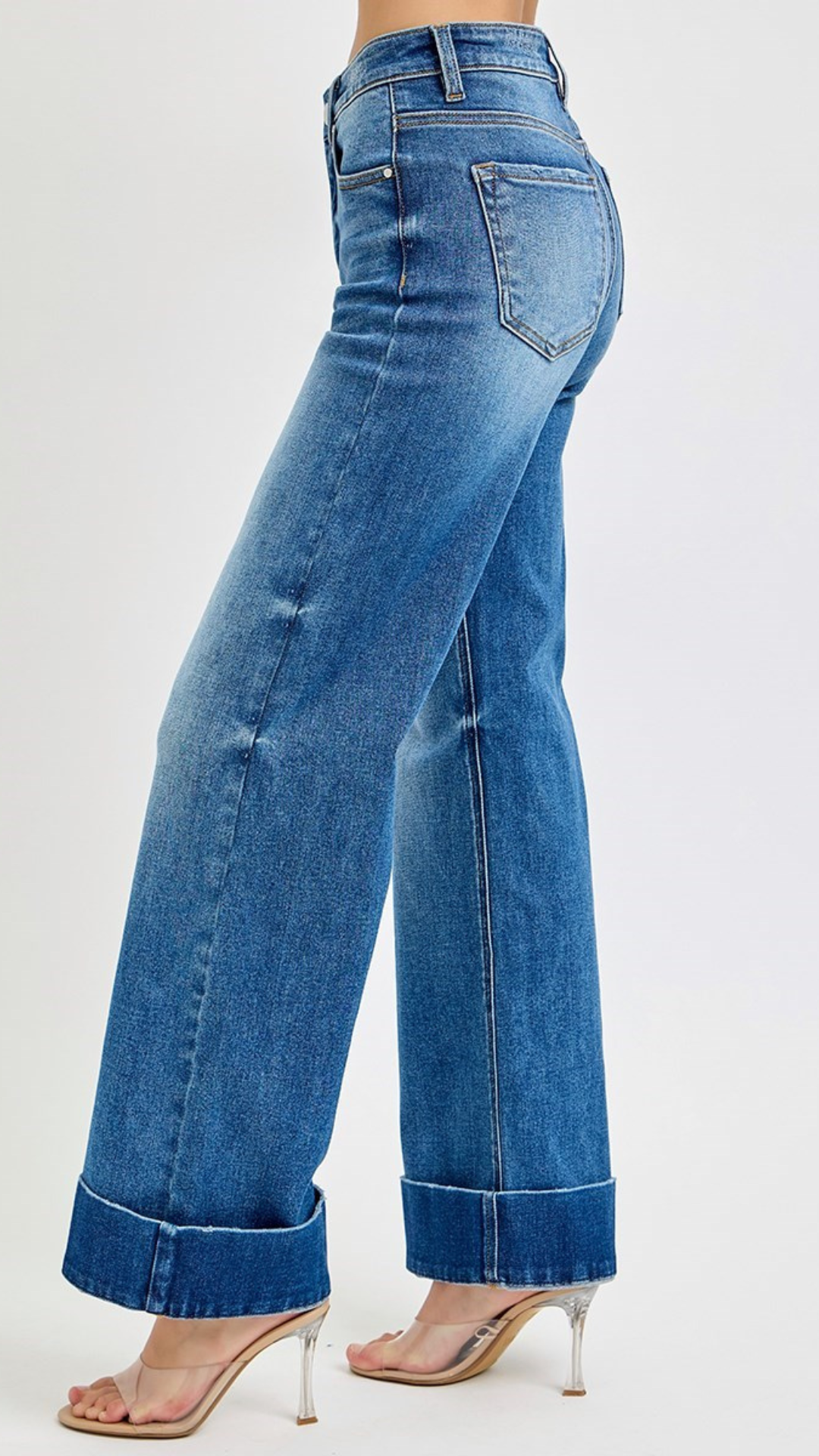 High Rise Tummy Control Medium Wash Wide Cuffed Jeans