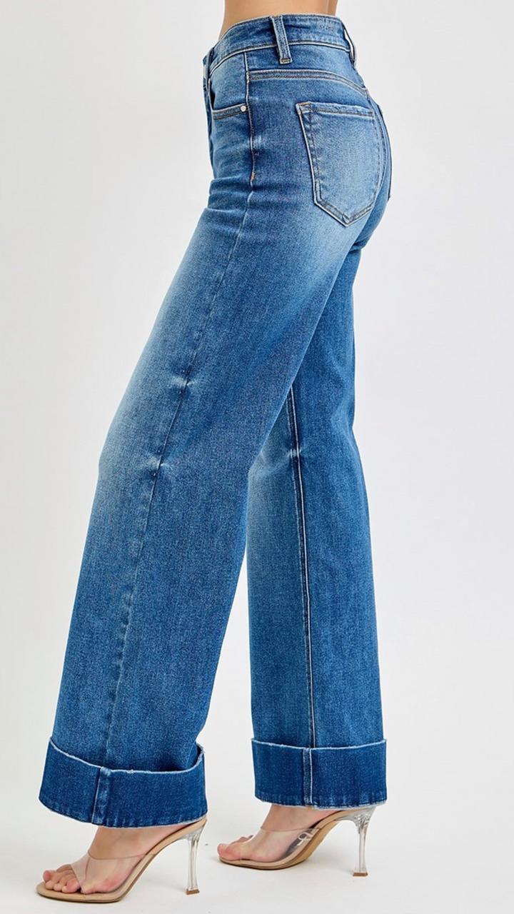 High Rise Tummy Control Medium Wash Wide Cuffed Jeans
