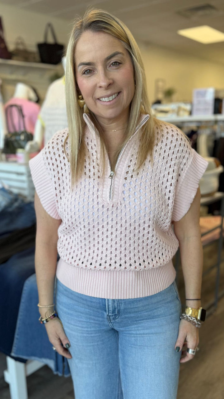 Pastel Pink Open Knit Short Sleeve Quarter Zip Sweater