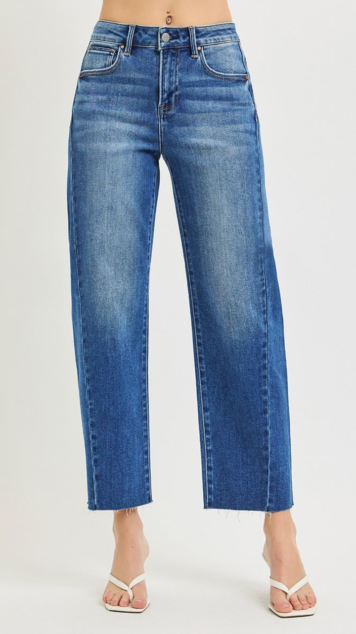 High Rise Dark Wash Crop Barrel Curved Seam Jeans