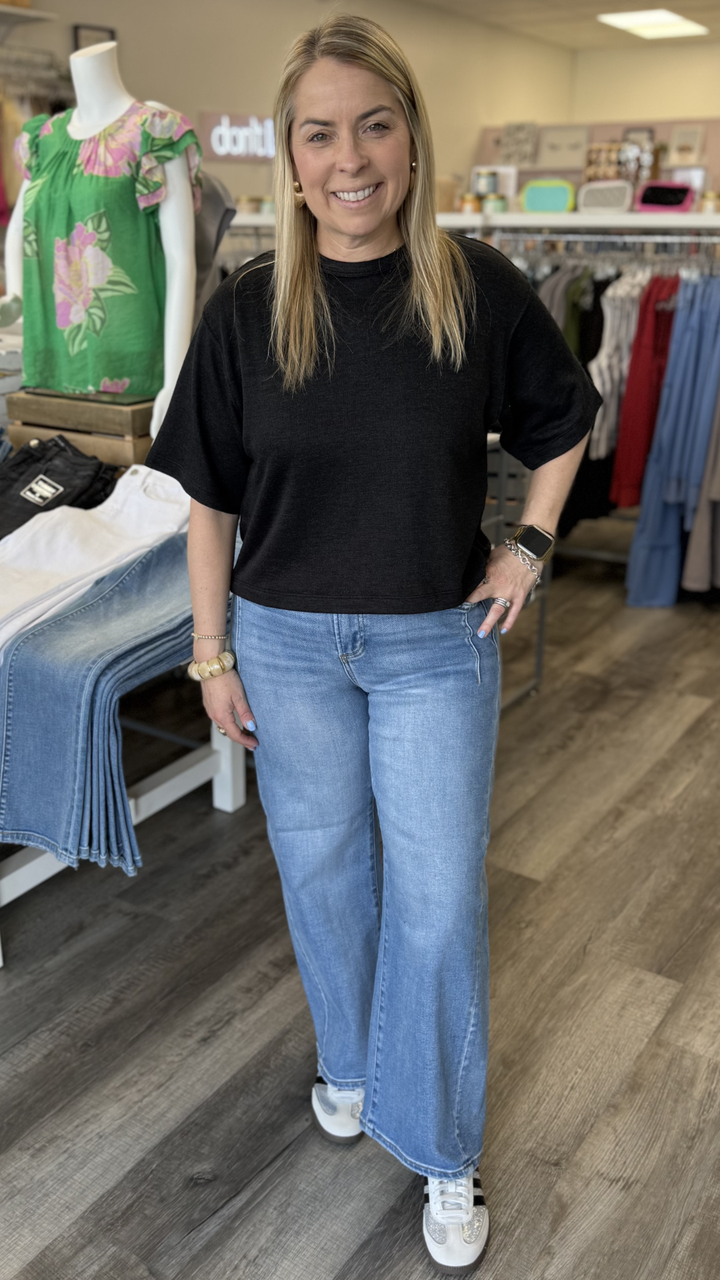 High Rise Light Medium Wash Slouchy Crop Wide Leg Jeans