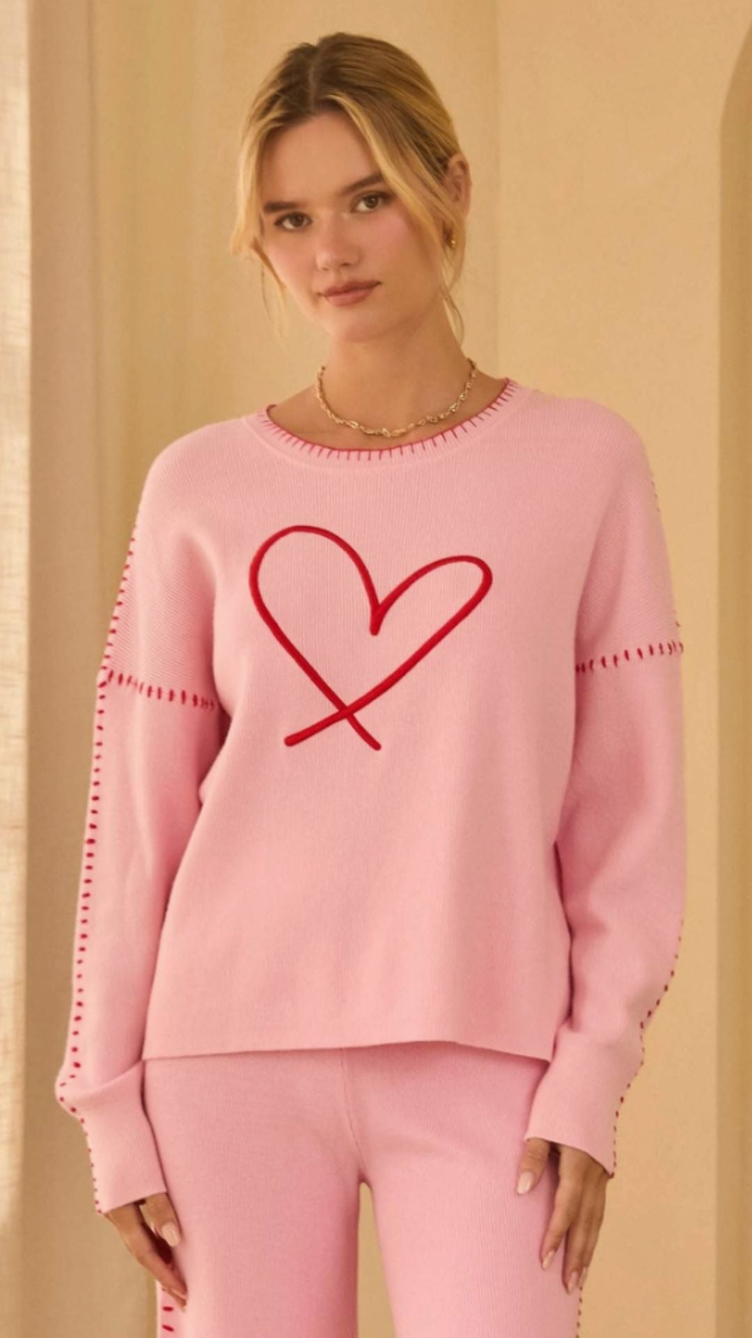 Heart Embroidered Sweater With Blanket Stitch