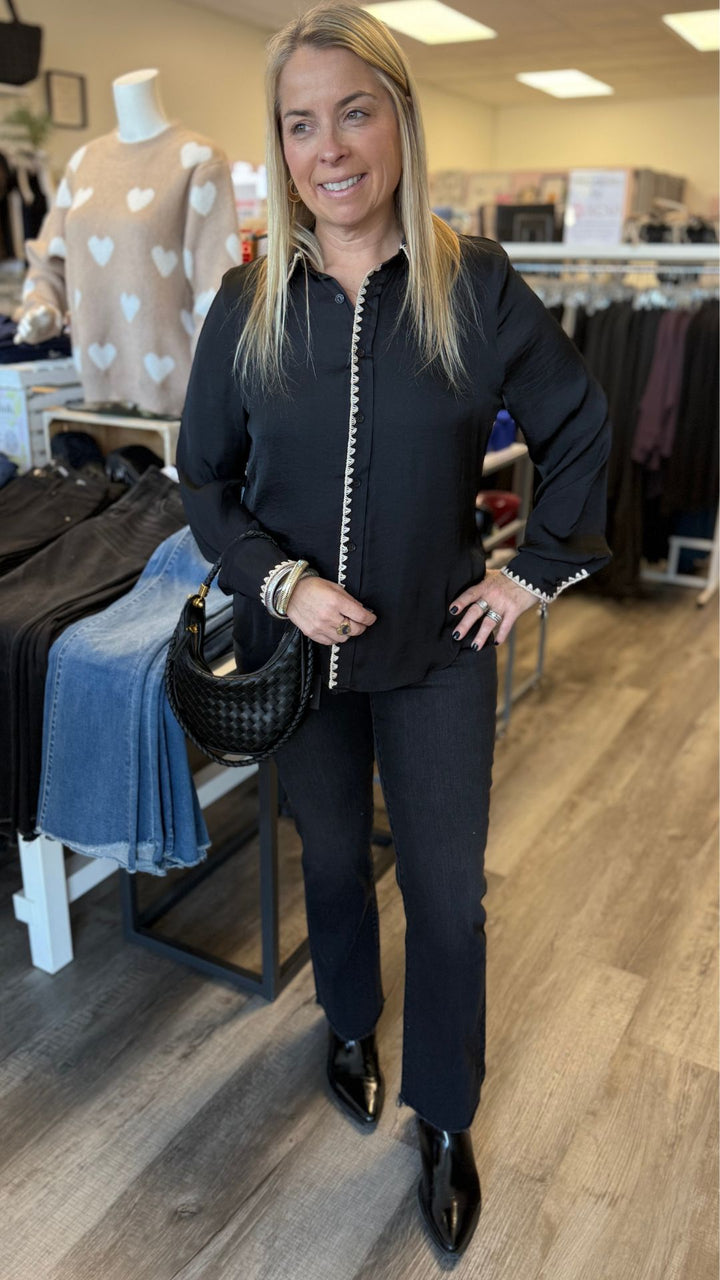 Black Blanket Stitch Silky Button Up Blouse