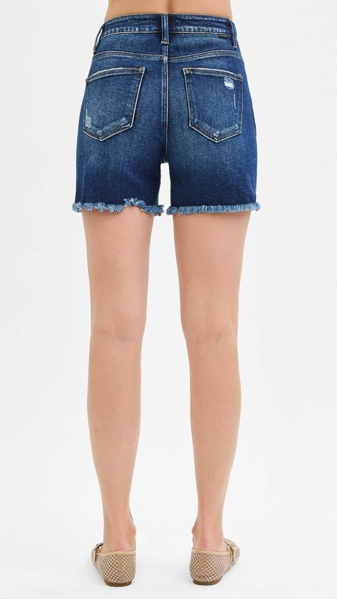 High Rise Dark Wash Distressed Mid Thigh Shorts
