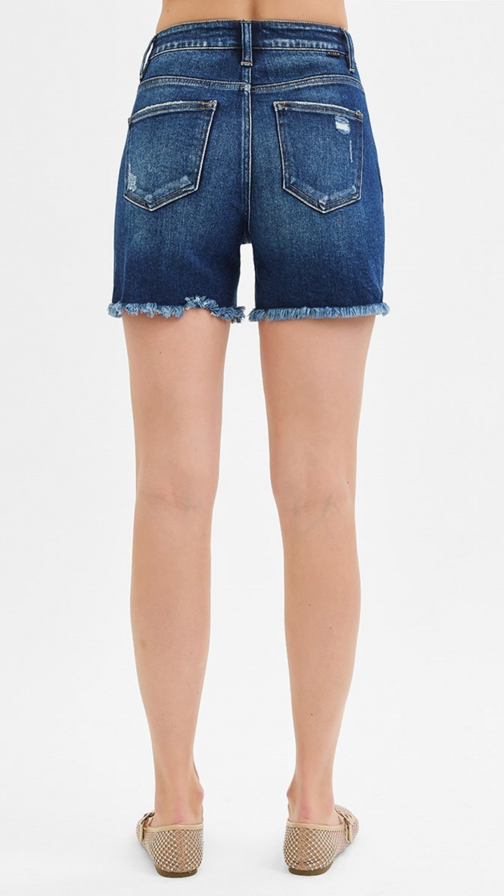 High Rise Dark Wash Distressed Mid Thigh Shorts
