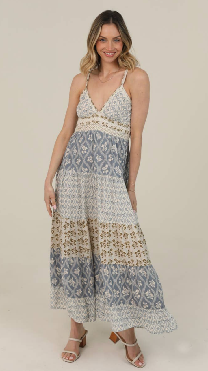 Mix Print Lace Trim Maxi Dress