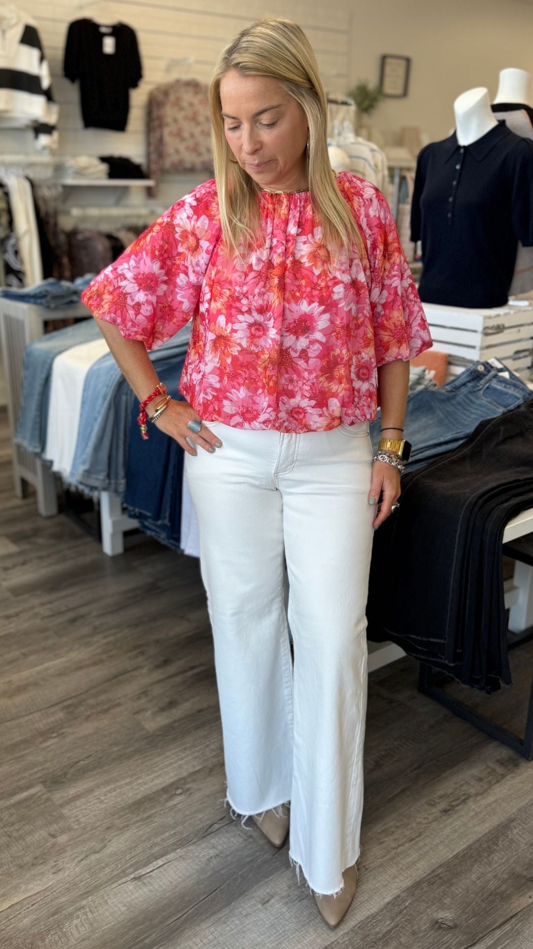 Floral Elastic Hem Balloon Sleeve Blouse