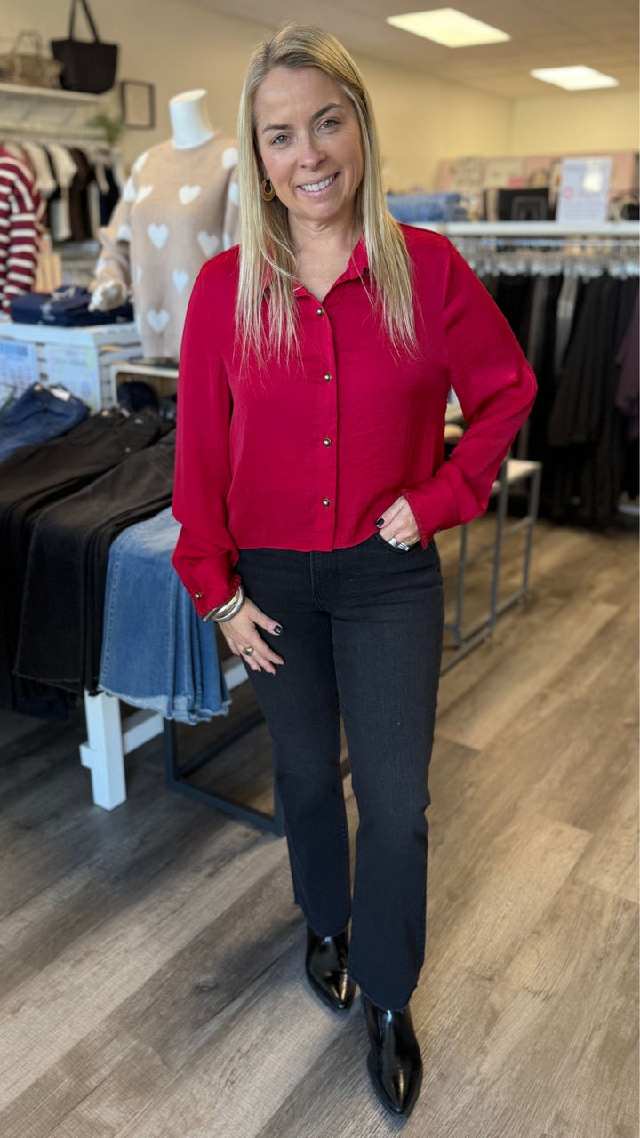 Crimson Red Blanket Stitch Cuff Button Up Cropped Blouse