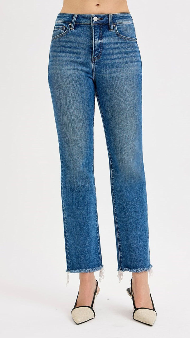 High Rise Tummy Control  Medium Wash Frayed Straight Jeans