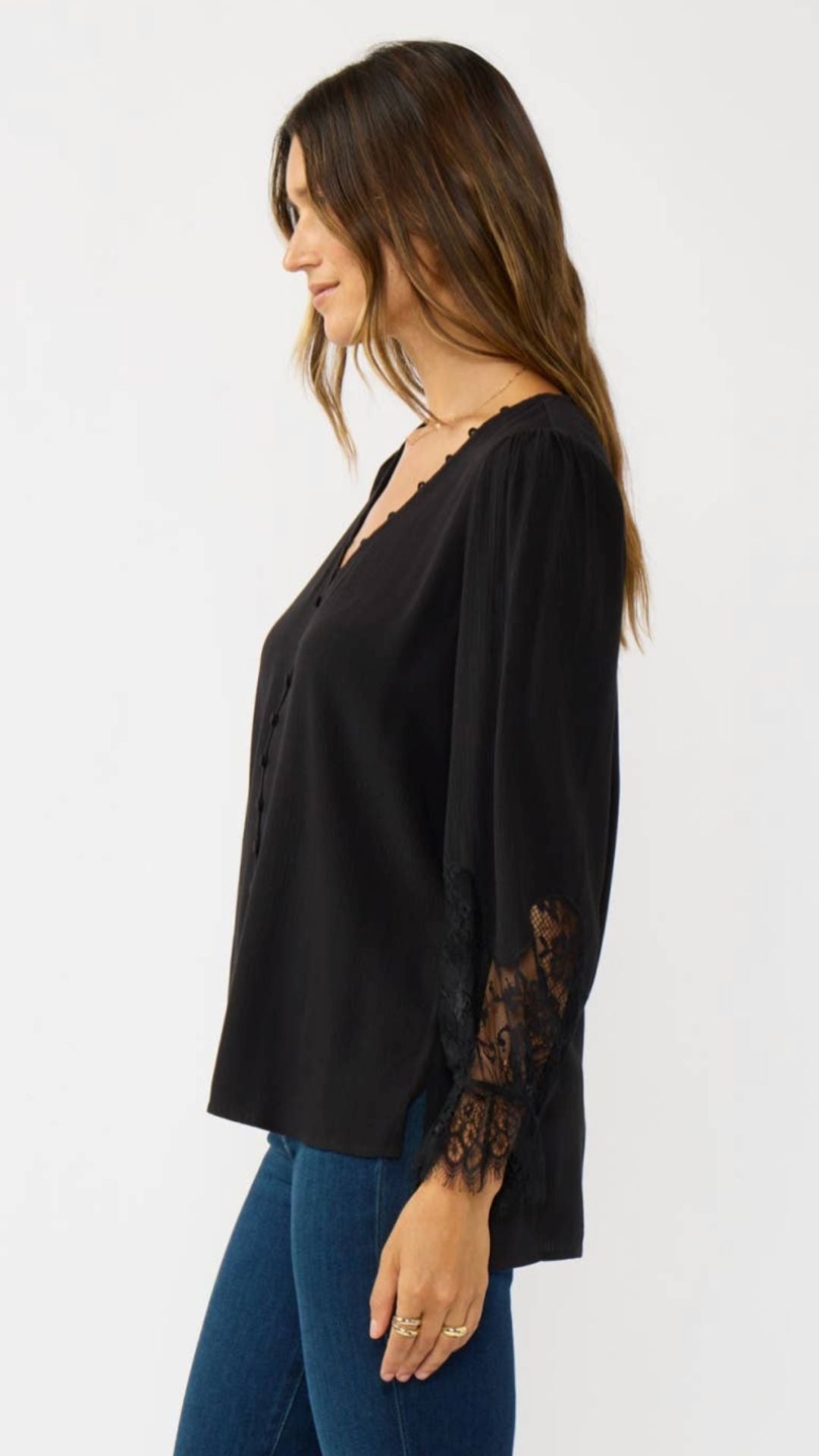 Lace Cuff V Neck Button Blouse