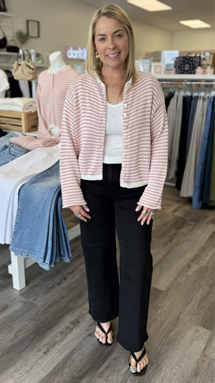 Rose And White Button Front Knit Cardigan