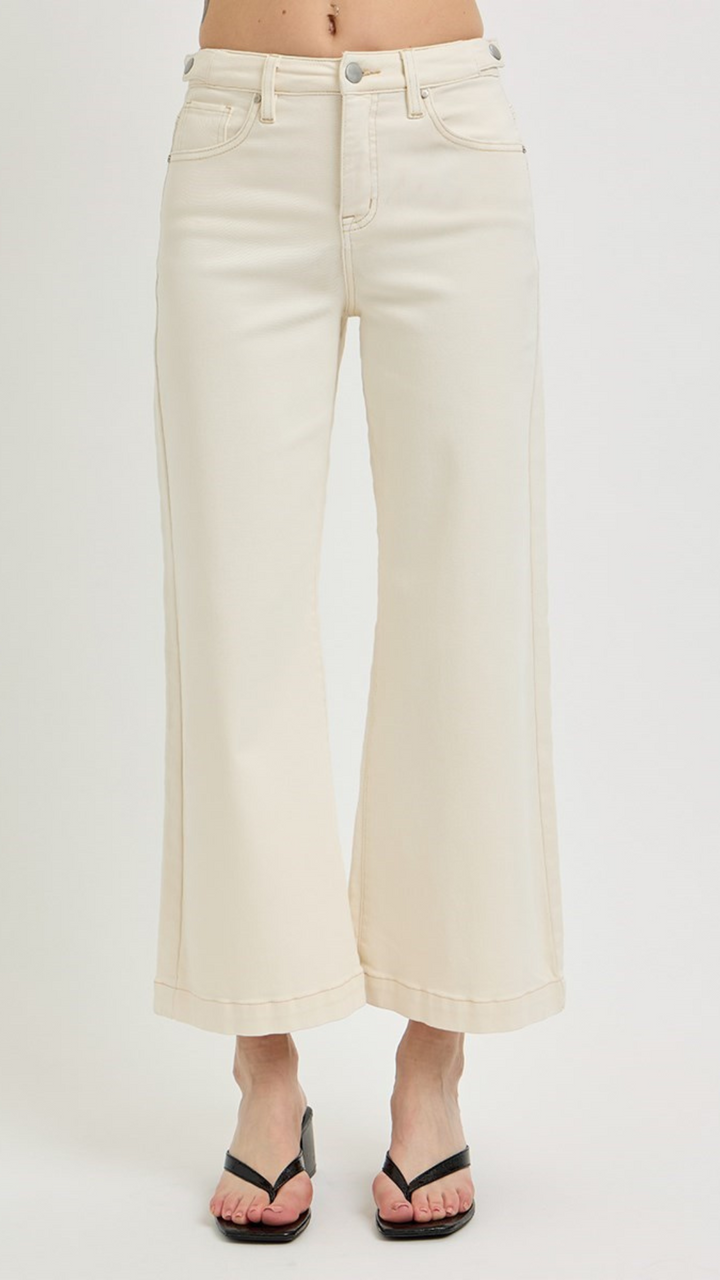 High Rise Ivory Tummy Control Crop Wide Adjustable Waistband Jeans
