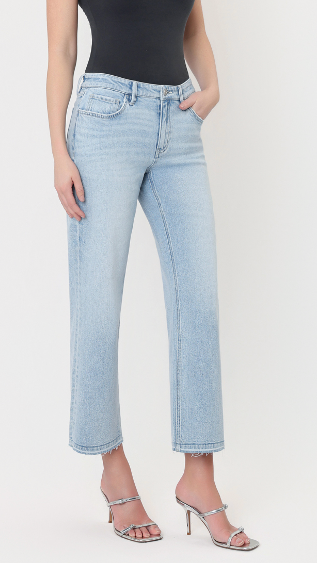 Mid Rise Light Wash Crop Slim Wide Leg Jeans