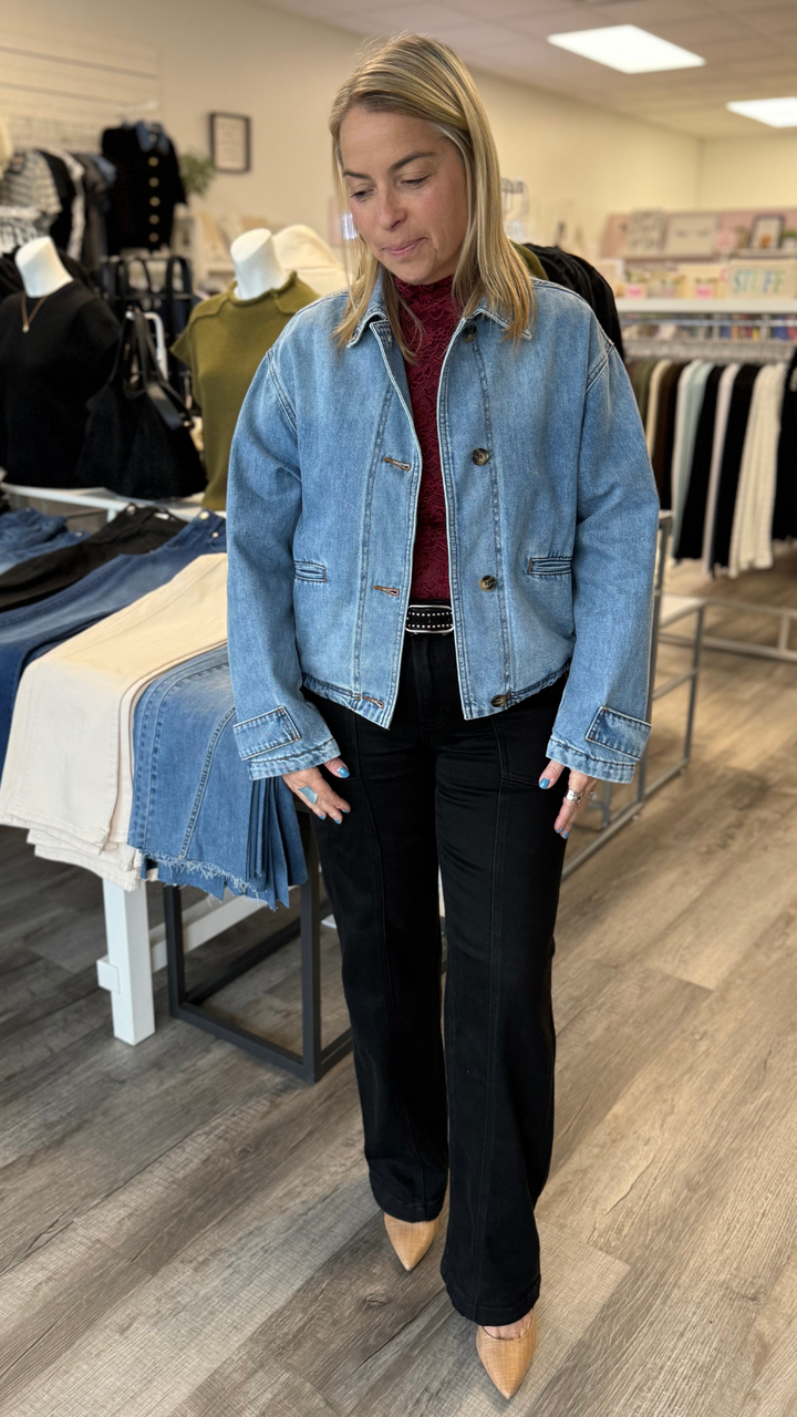 Denim Button Front Bomber Jacket