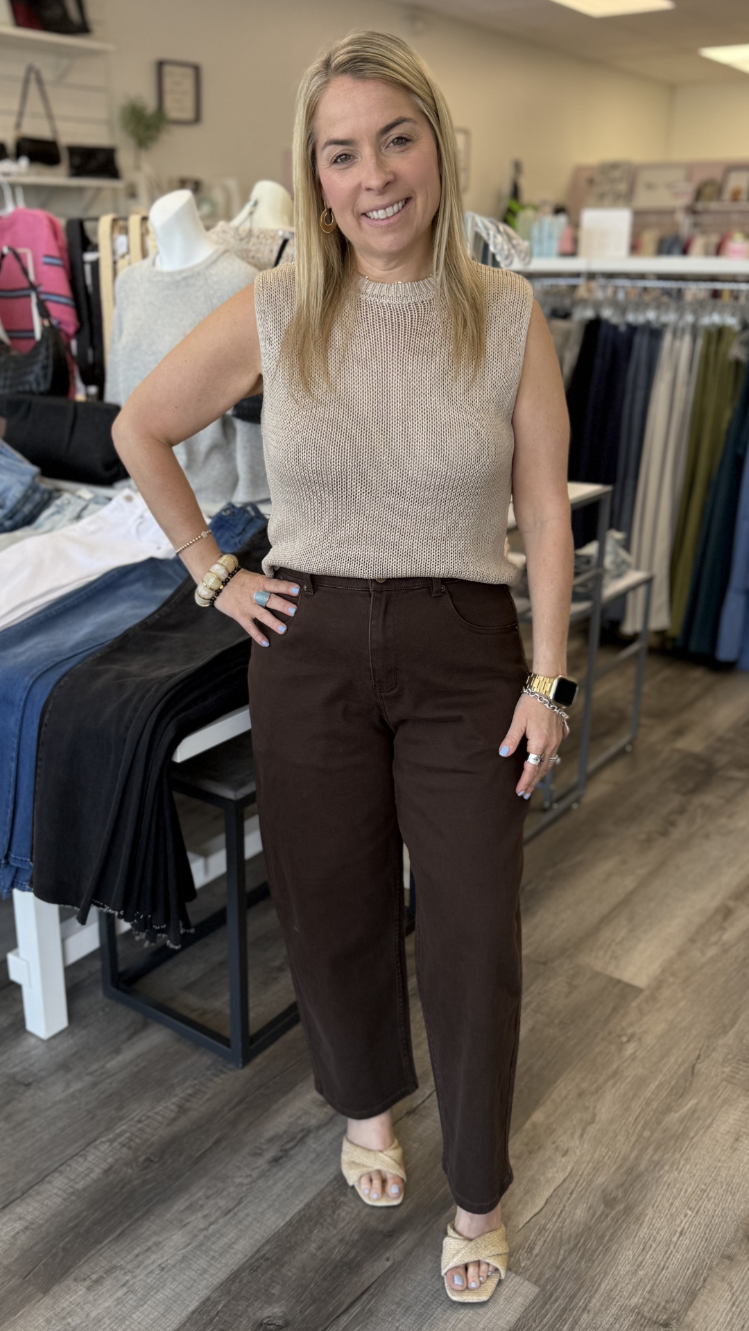Brown Back Elastic Waist Band Pants