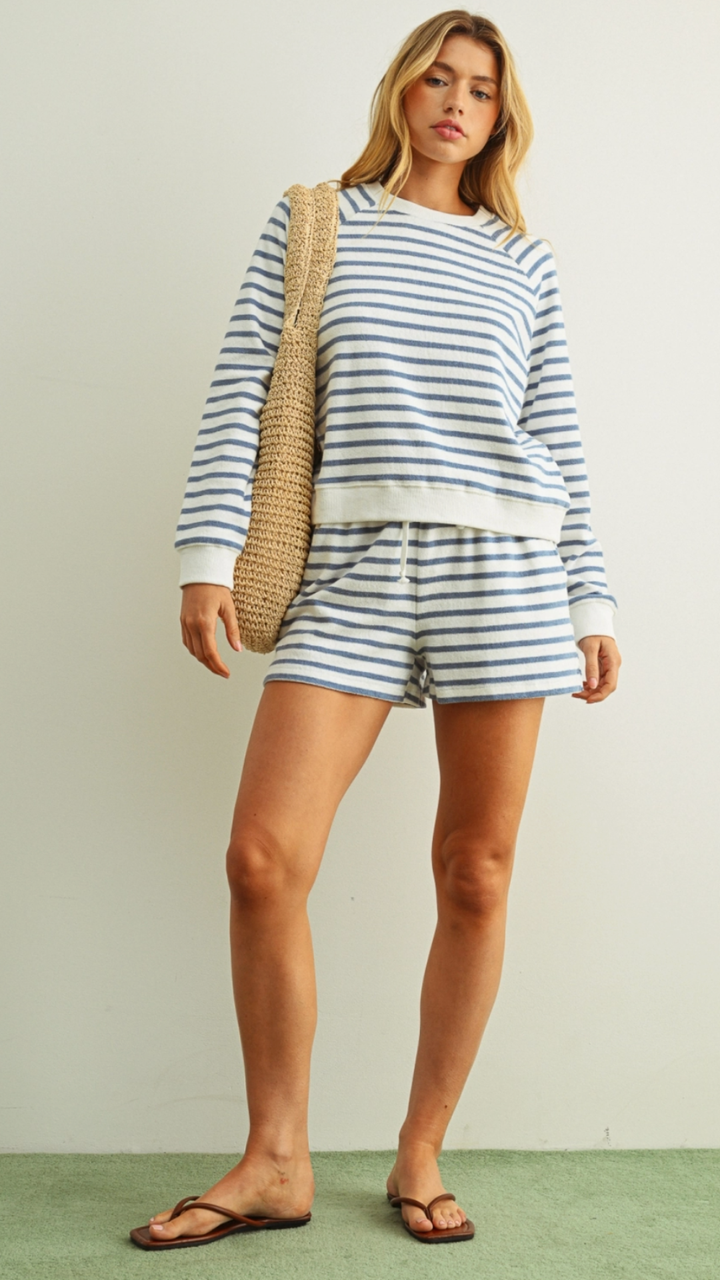 Blue And White Striped Terry Top And Shorts Set