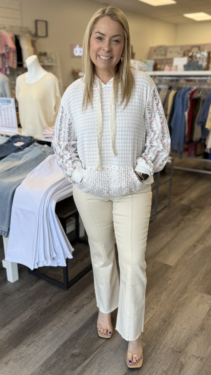 Ivory Multi Kangaroo Pocket Mixed Knit Contrast Sleeve Hooded Pullover
