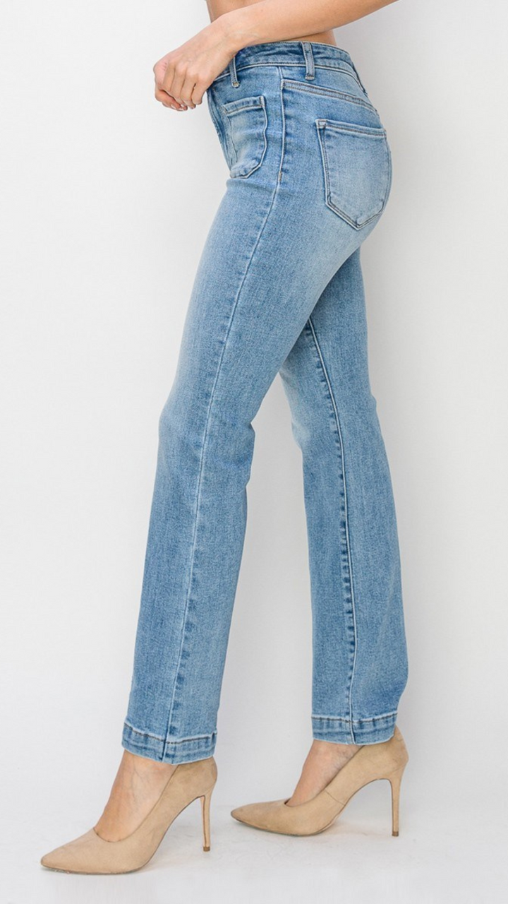 High Rise Light Wash Patch Pocket Bootcut Jeans