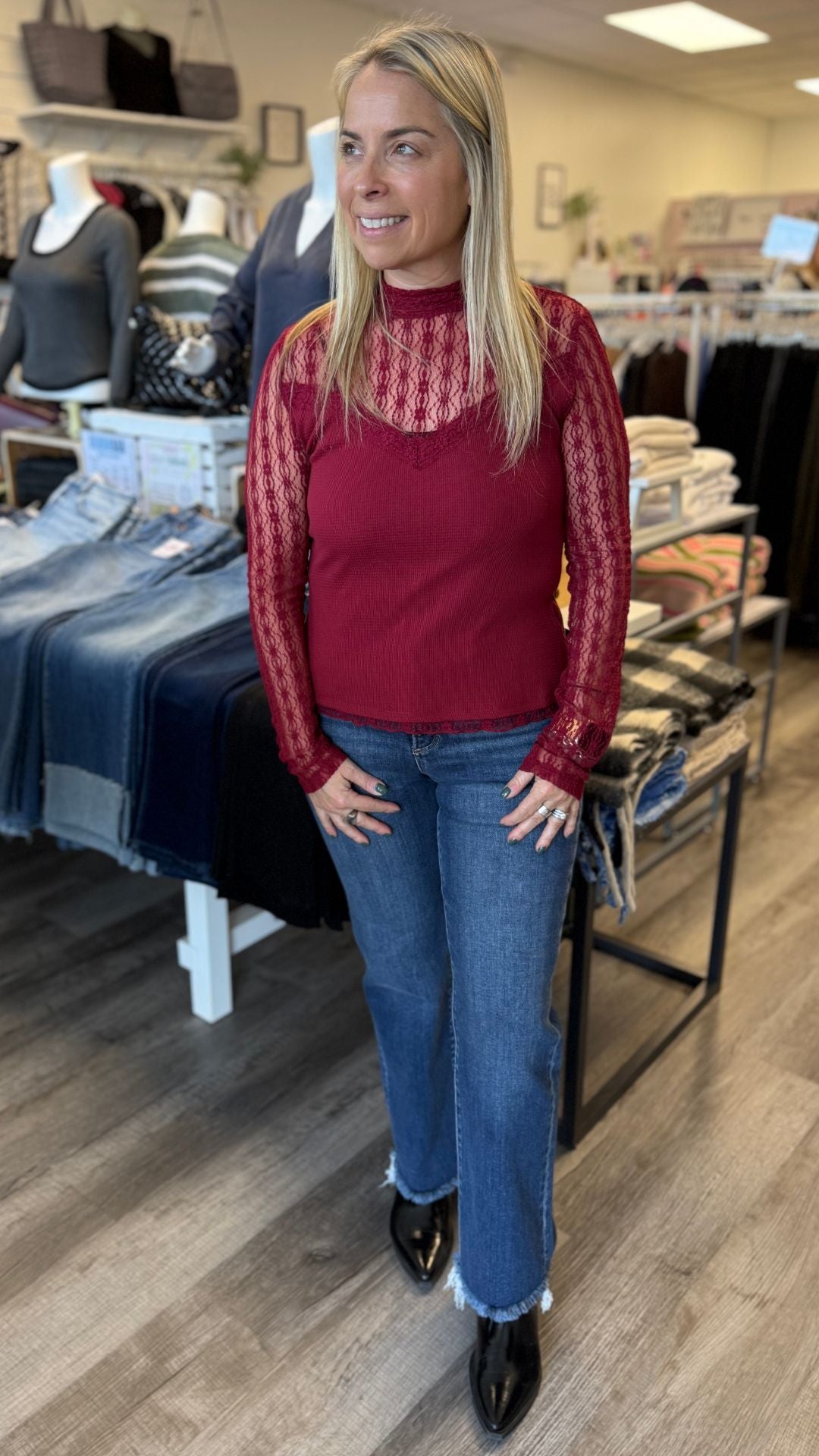 Ruby Red Ribbed Sheer Lace Mock Neck Long Sleeve
