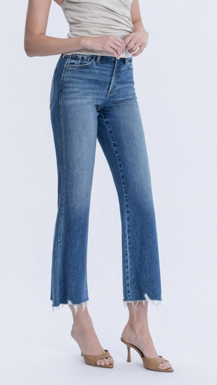 High Rise Medium Wash Raw Hem Vintage Flare Jeans