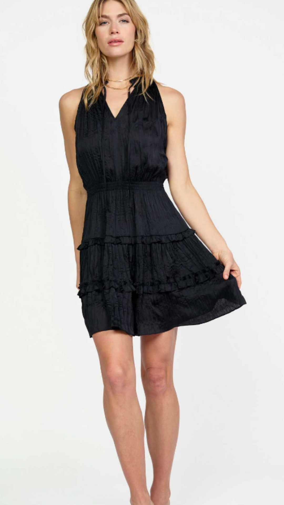 Black Ruffled Split Neck Tiered Mini Dress