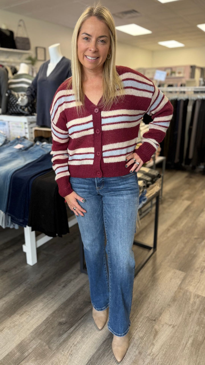 Burgundy Multi Stripe Crop Cardigan Sweater