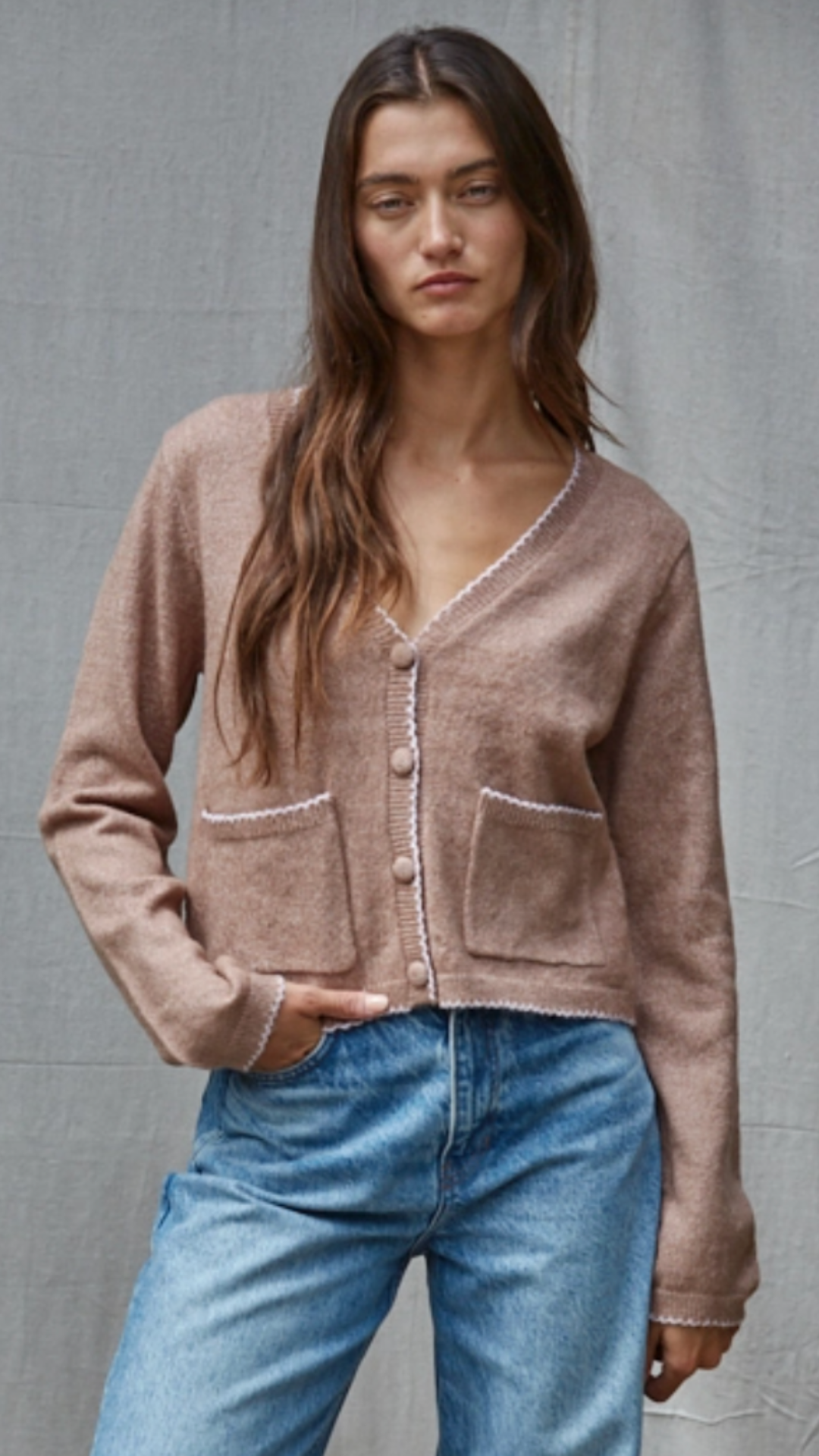 Mocha Contrast Trim Pocket Cardigan