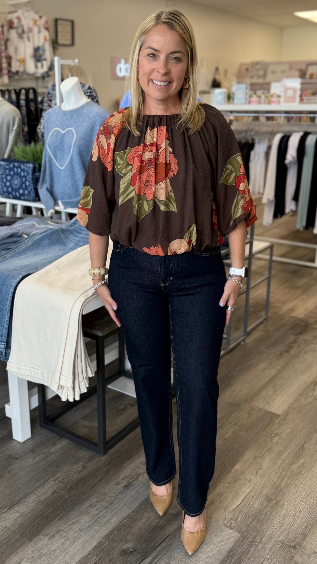 Brown Floral Bubble Hem Top