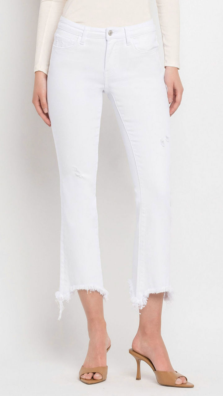 White Mid Rise Distressed Hem Ankle Bootcut Jeans