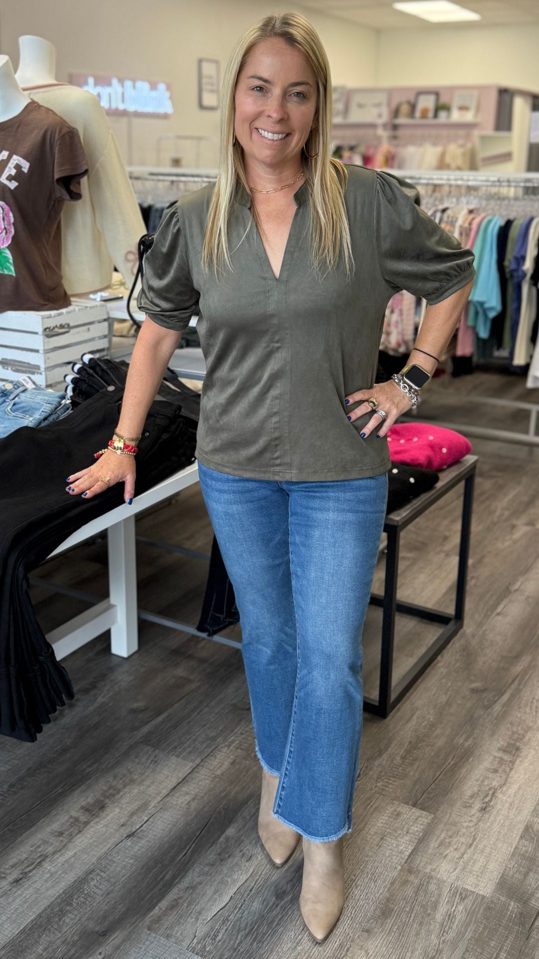 Slate Green Suede Puff Sleeve Top