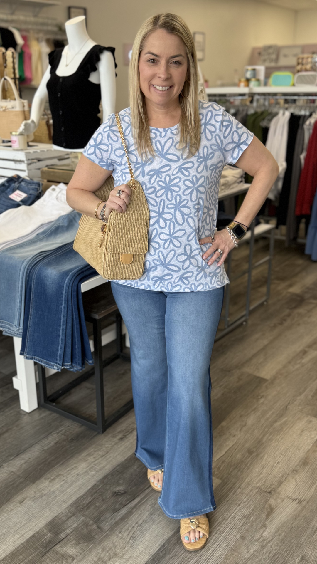 Mid Rise Medium Wash Better Butter Wide Leg With Shadow Masking Stripe Full Length Jeans