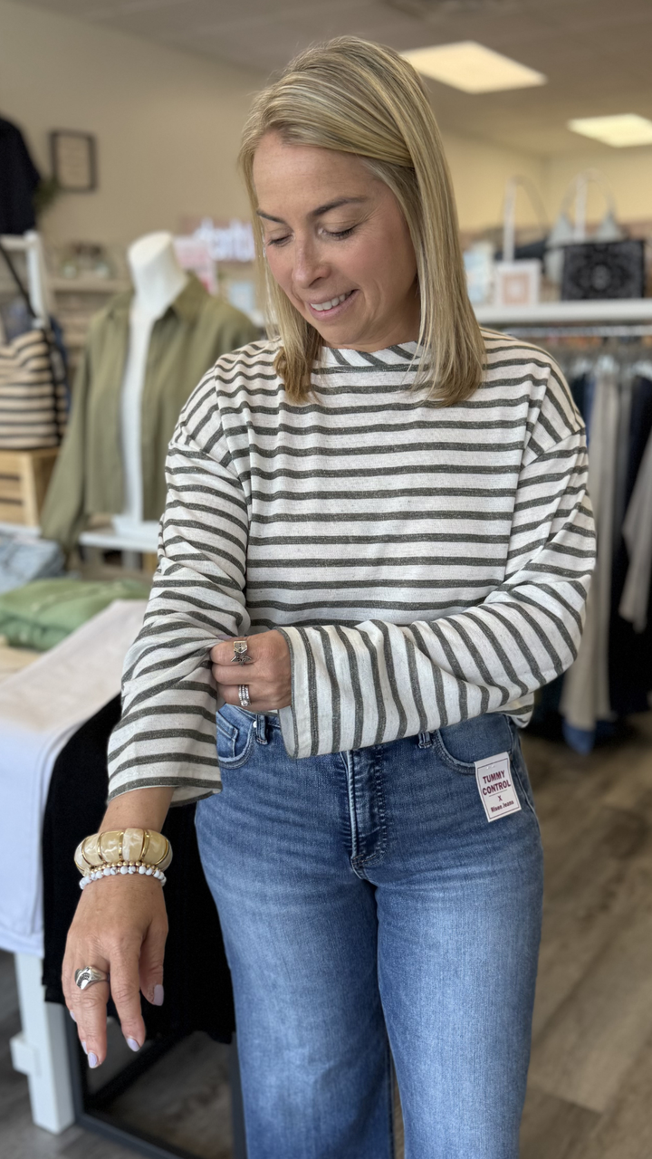 Olive Striped Slub Long Sleeve Top