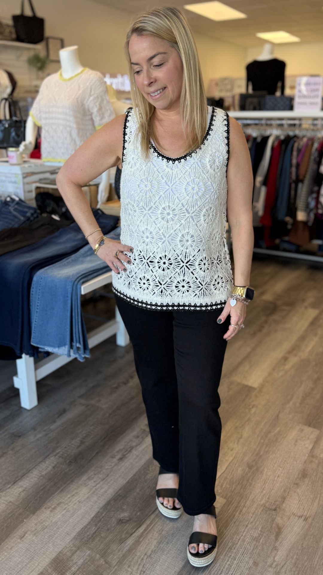 Sleeveless Crochet Black Trim Top