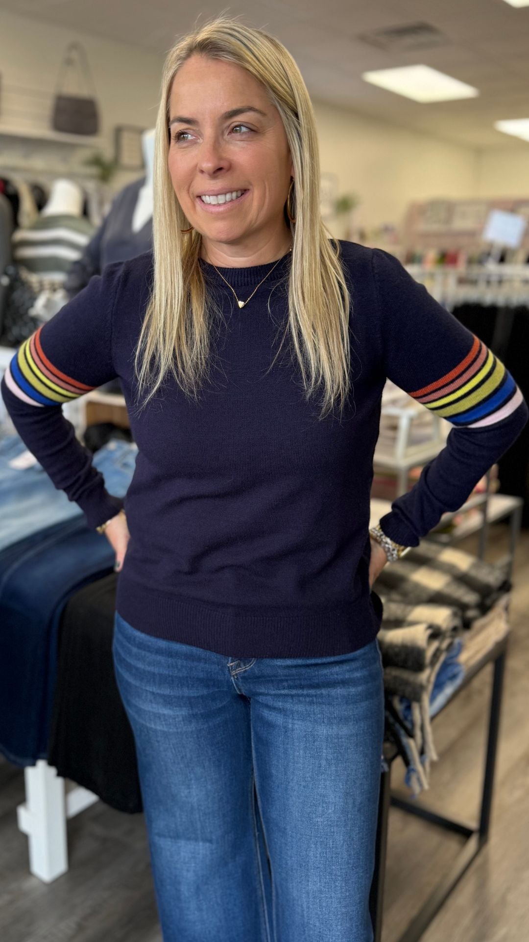 Navy Stripe Sleeve Knit Sweater