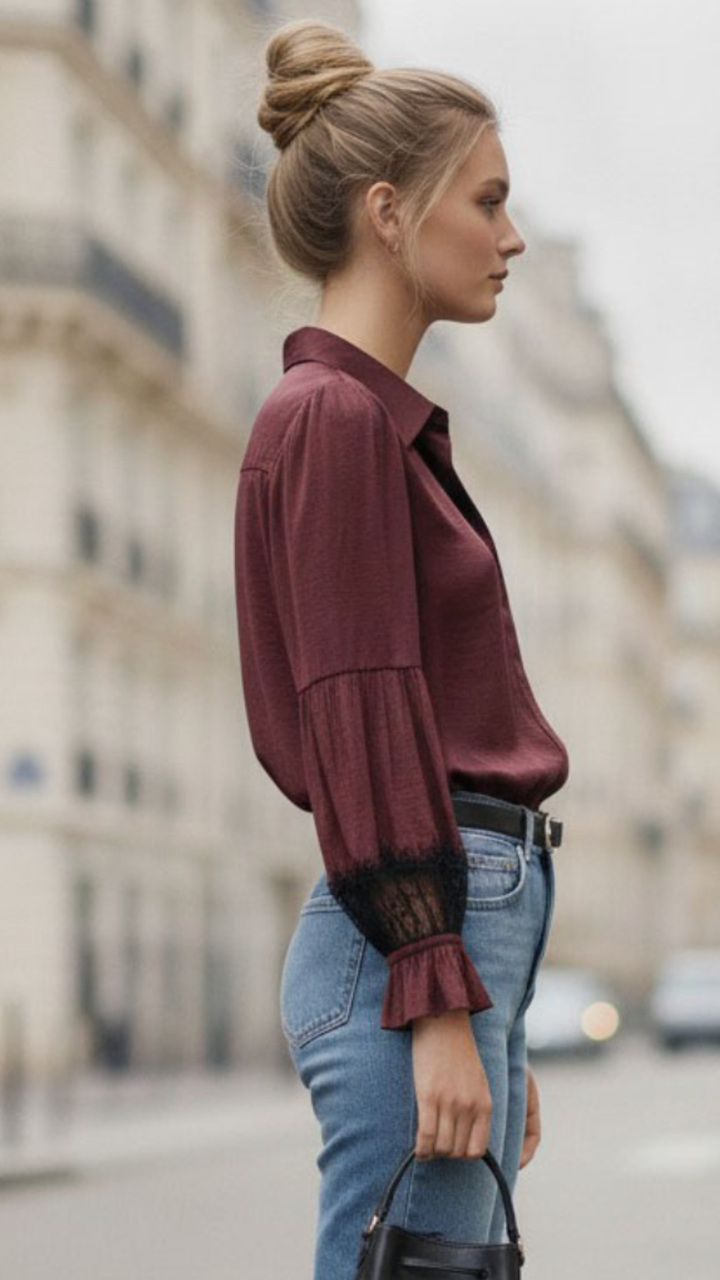 Wine Lace Insert Long Sleeve Blouse