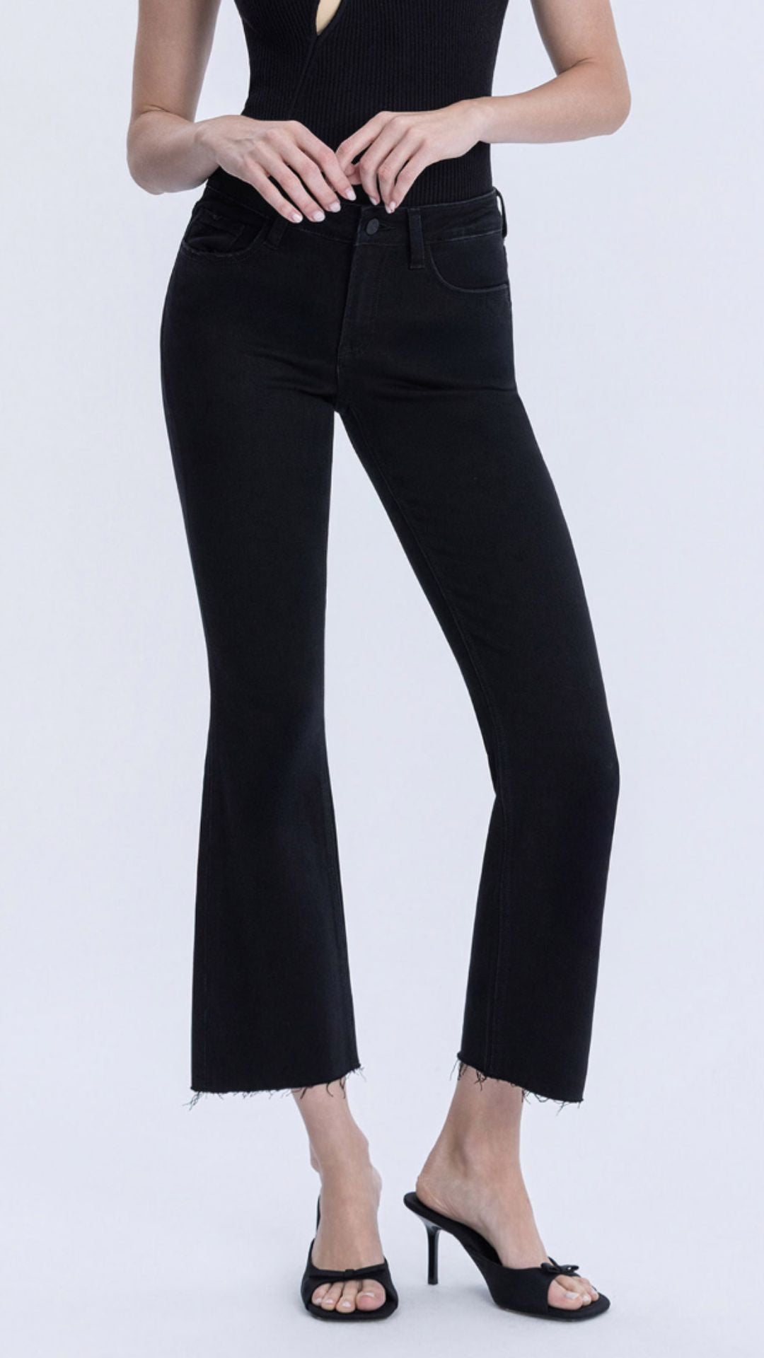 Mid Rise Jet Black Raw Hem Bootcut Jeans