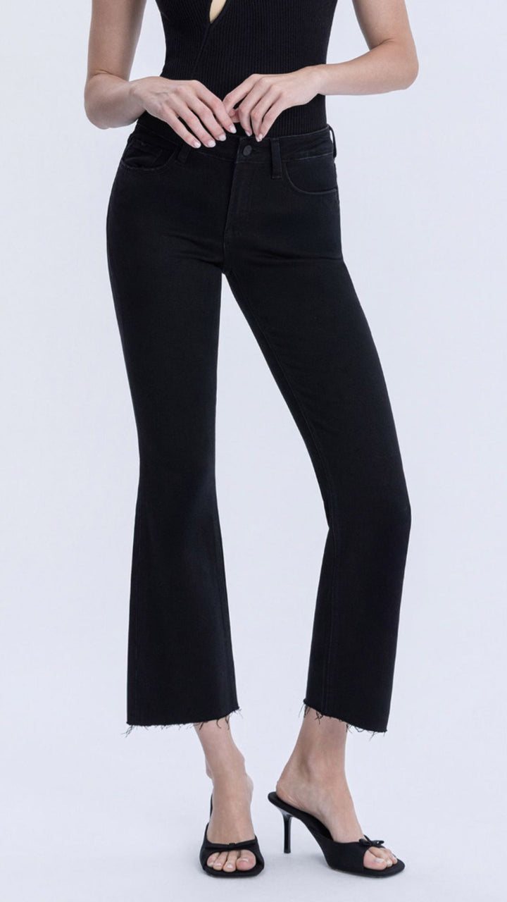 Mid Rise Jet Black Raw Hem Bootcut Jeans