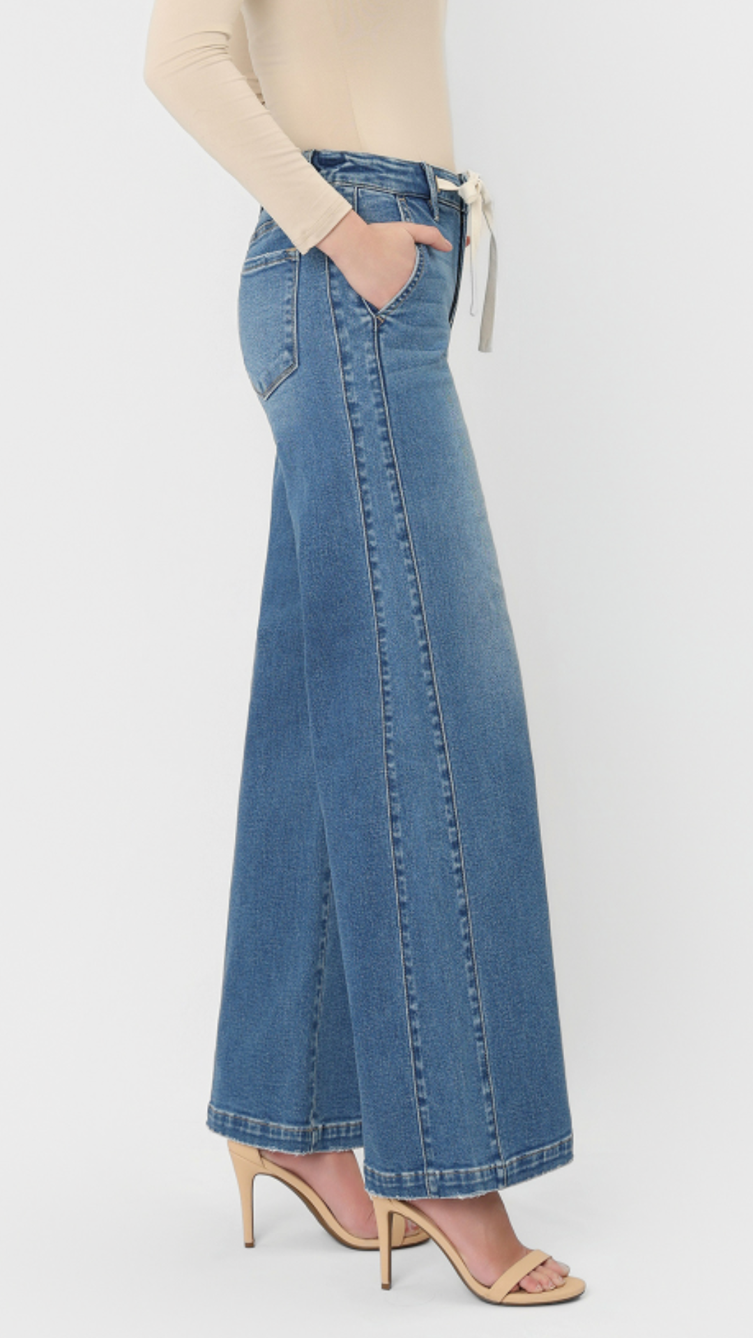 High Rise Medium Wash Waist Tie Twist Wide Leg Jeans