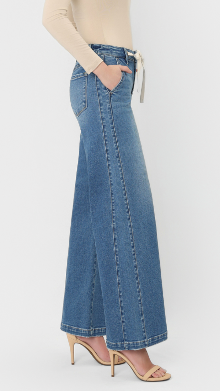 High Rise Medium Wash Waist Tie Twist Wide Leg Jeans