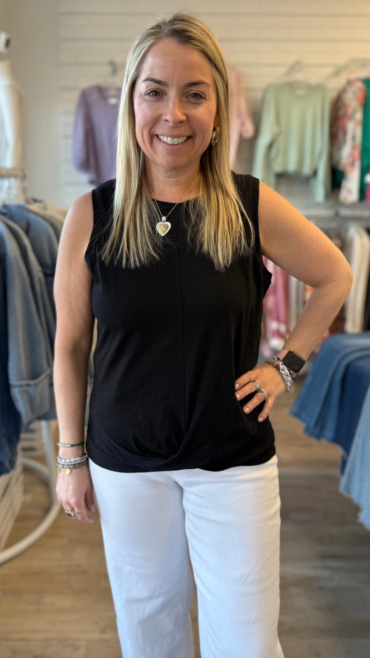 Black Sleeveless Tank Top With Twisted Hem
