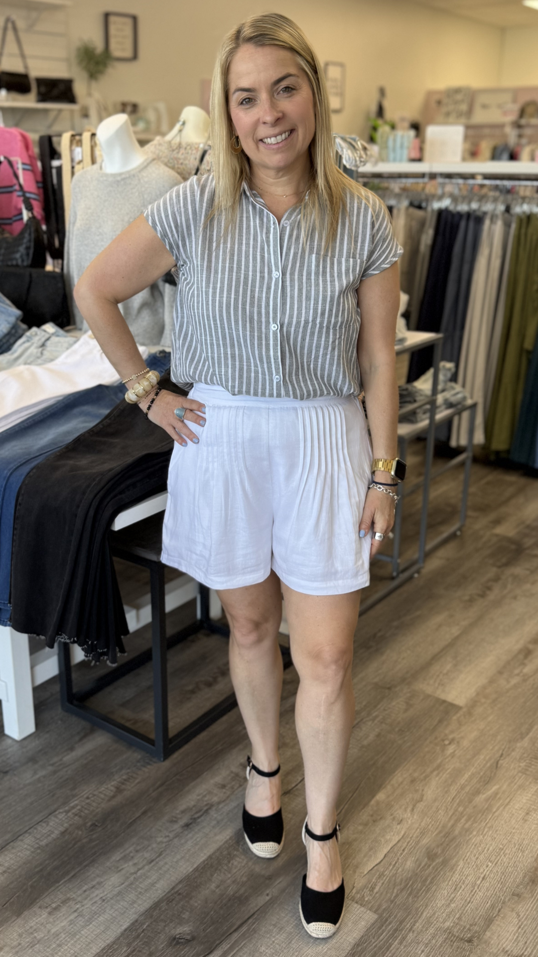 Grey Striped Button Down Top