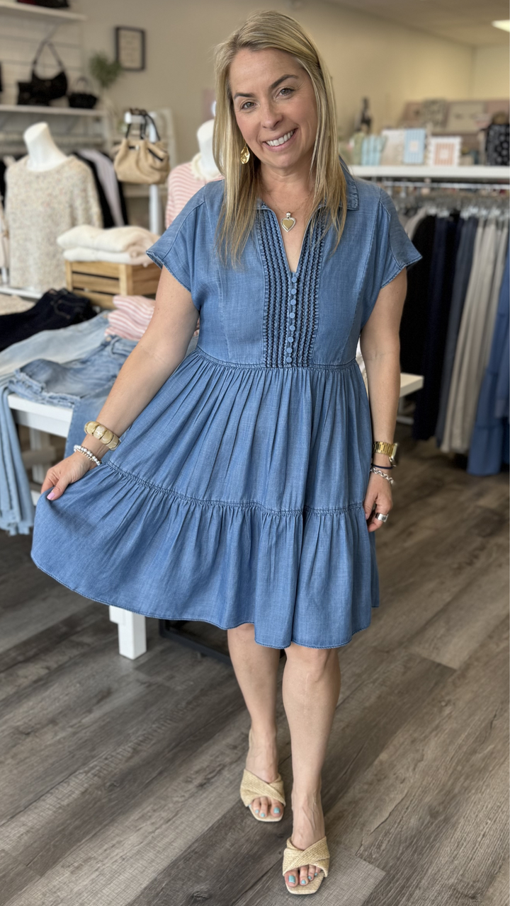 Chambray Flutter Sleeve Mini Dress