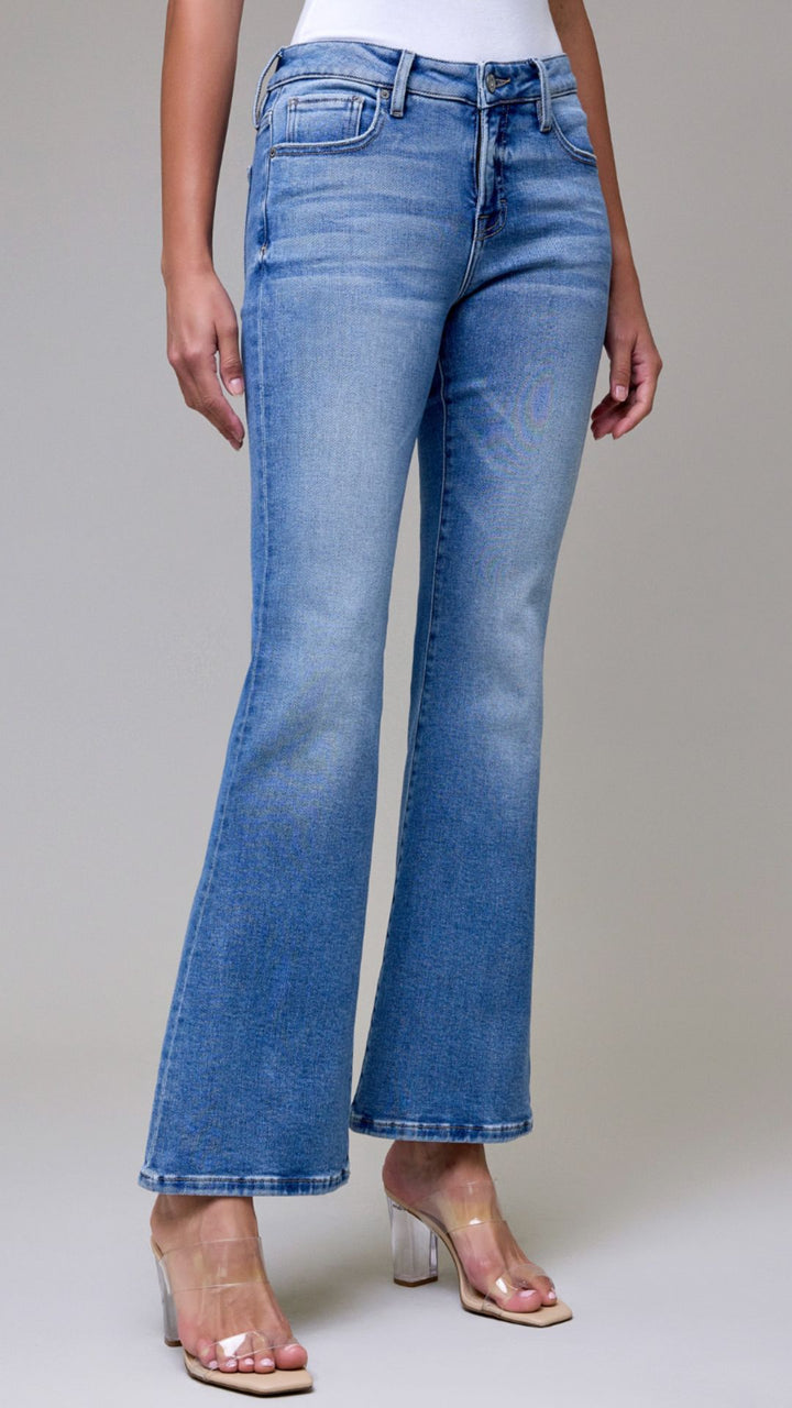 Mid Rise Medium Wash Full Length Clean Stretch Bootcut Jeans