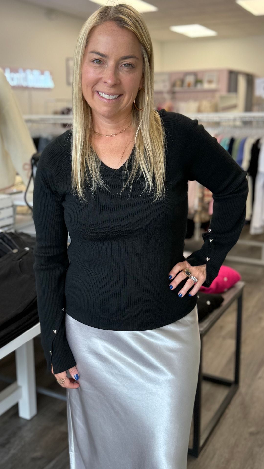 Black Ribbed V Neck Sweater With Heart Rivets