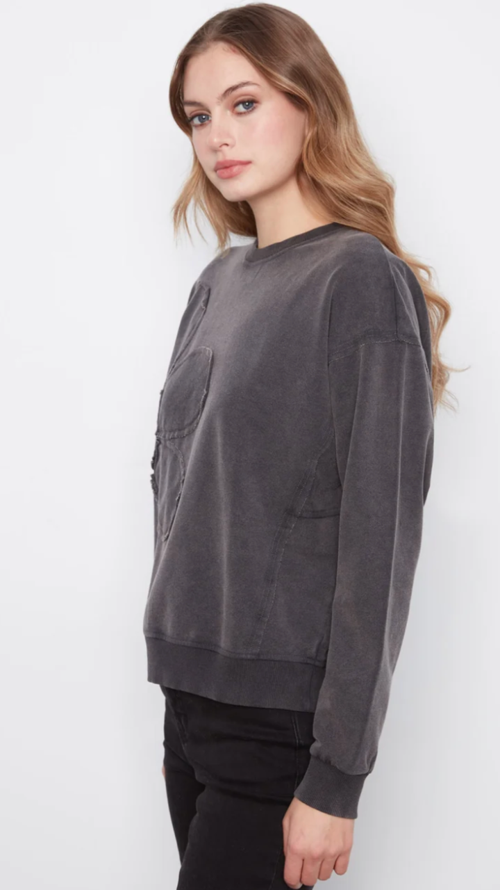 Charcoal Flower Appliqué Long Sleeve Top