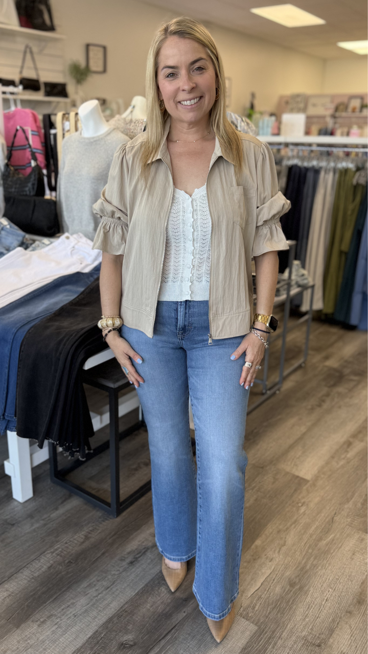 Mid Rise Medium Wash Full Length Flare Jeans