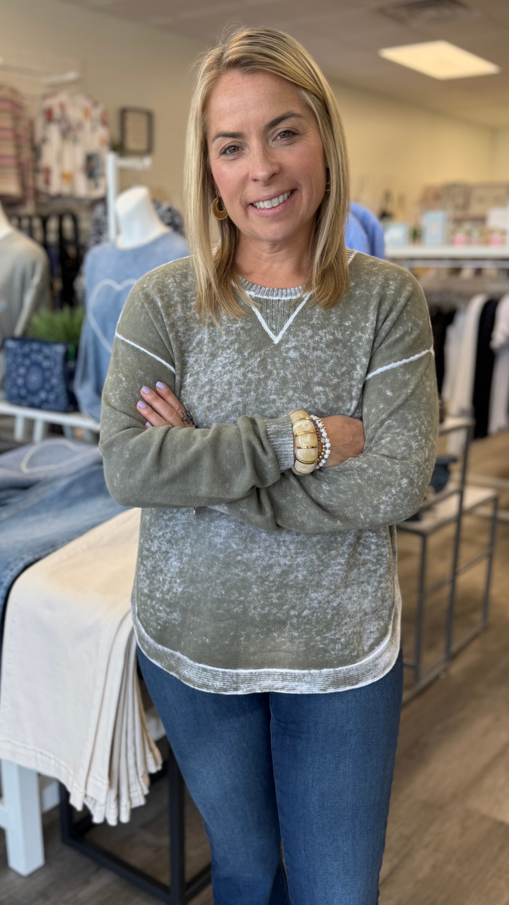 Olive Cotton Crew Neck Reverse Print Sweater