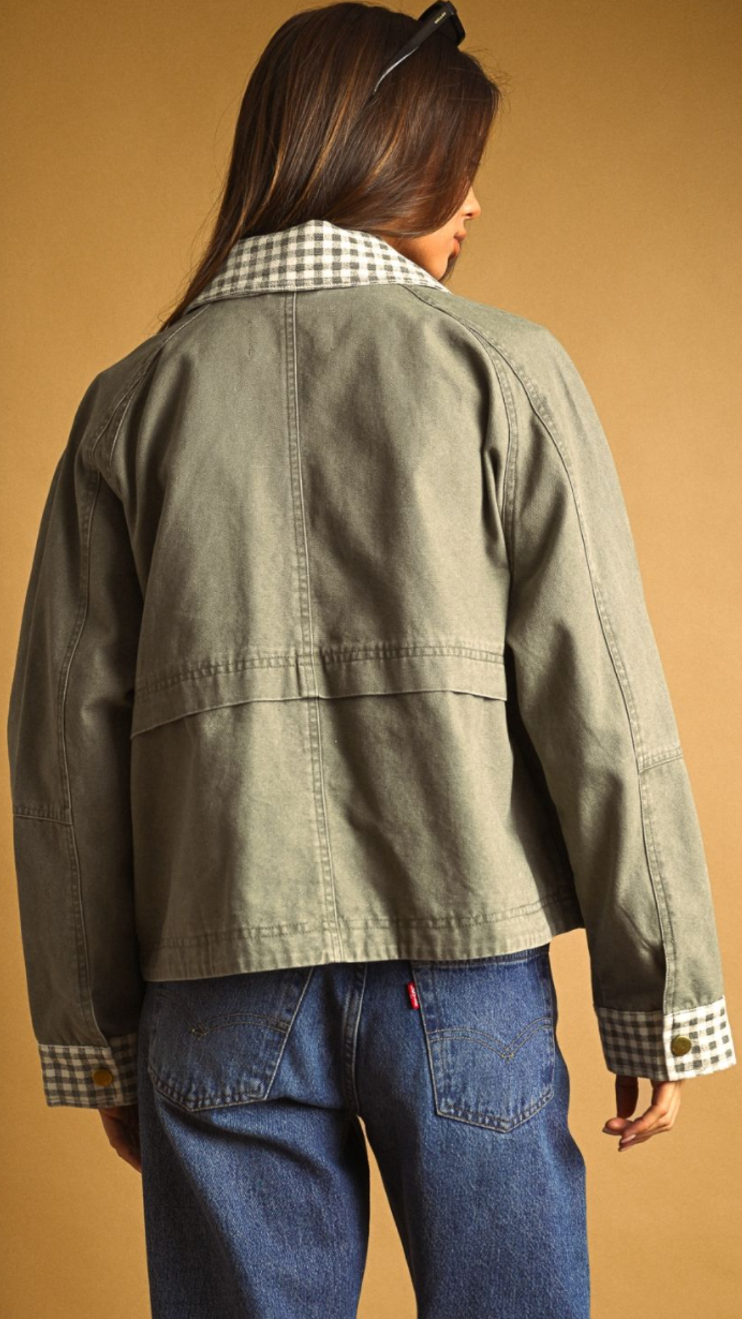 Olive Gingham Collared Twill Jacket