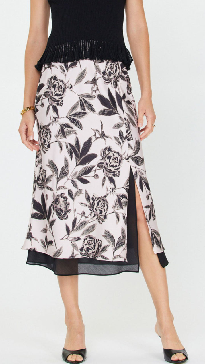 All Over Pink And Black Floral Midi Skirt With Sheer Chiffon Layer Hem